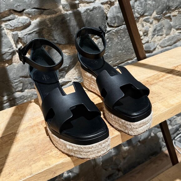 Hermès Black Leather Elda Wedges Espadrilles H Sandals - Picture 2 of 12